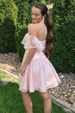 off shoulder pink lace short graduation homecoming dresses