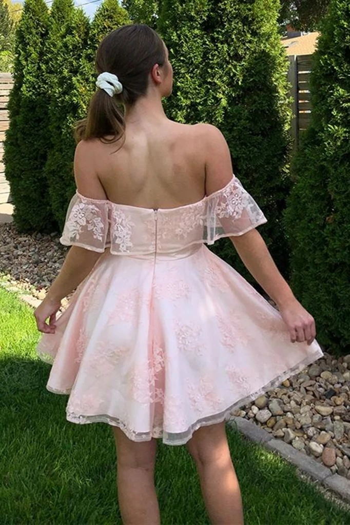 off shoulder pink lace short graduation homecoming dresses