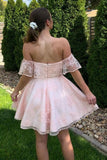 off shoulder pink lace short graduation homecoming dresses