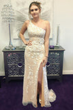 One Shoulder Champagne Tulle Lace Long Prom Dress with High Slit, Champagne Lace Formal Graduation Evening Dress A1489