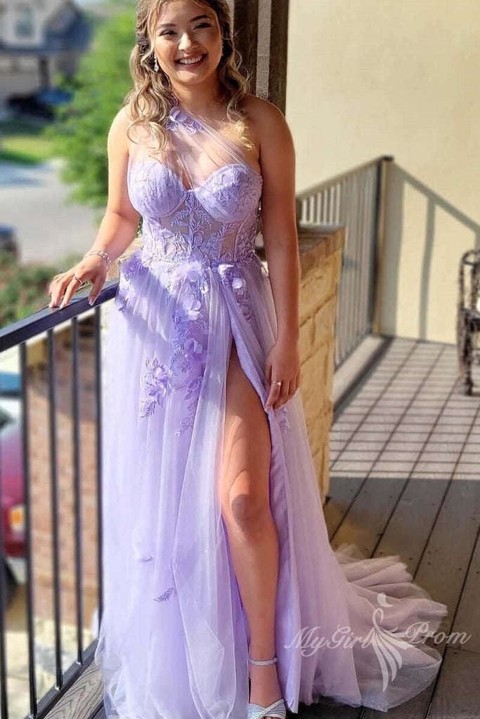 one shoulder lavender prom dresses with appliques tulle graduation dresses with split
