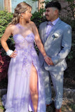 one shoulder lavender prom dresses with appliques tulle graduation dresses with split