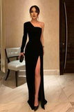 One Shoulder Long Sleeve Black Evening Dress, Sexy Split Long Prom Dress GP203
