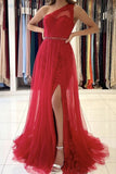 one shoulder mermaid tulle red lace long prom formal dress