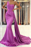 one shoulder purple satin mermaid prom dresses simple formal evening gown