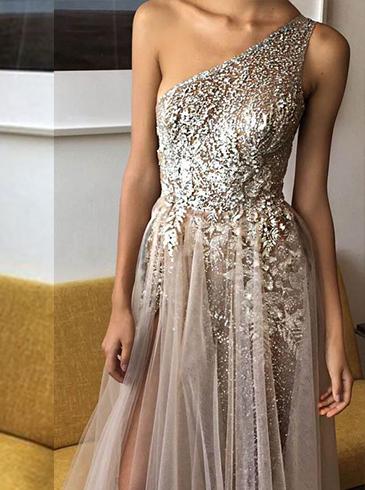 sexy one shoulder a line sequins evening dress with beads long split prom dress mp1016
