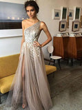 sexy one shoulder a line sequins evening dress with beads long split prom dress mp1016