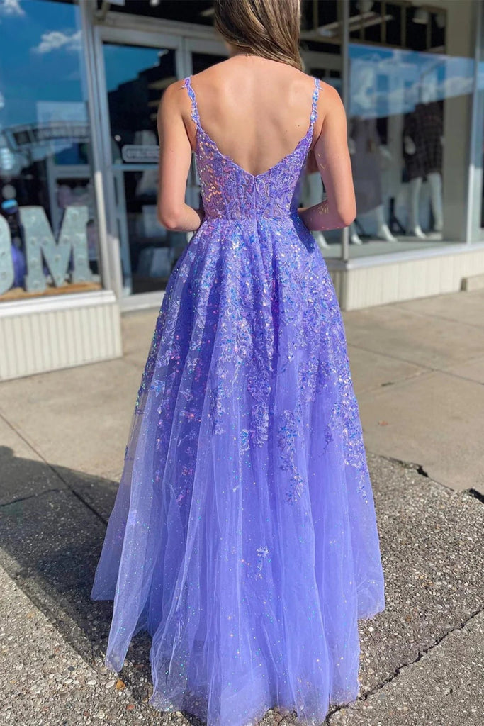 tulle long slit prom dresses with sequins lavender evening dresses