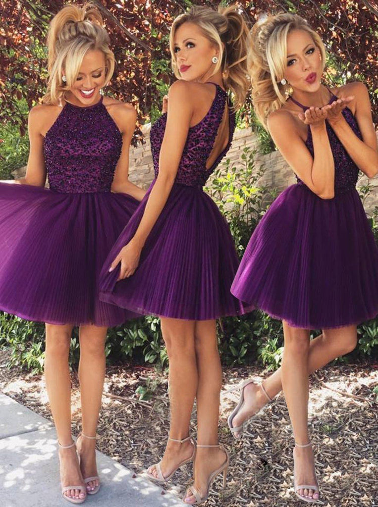 purple short prom dress a line tulle beading homecoming dress