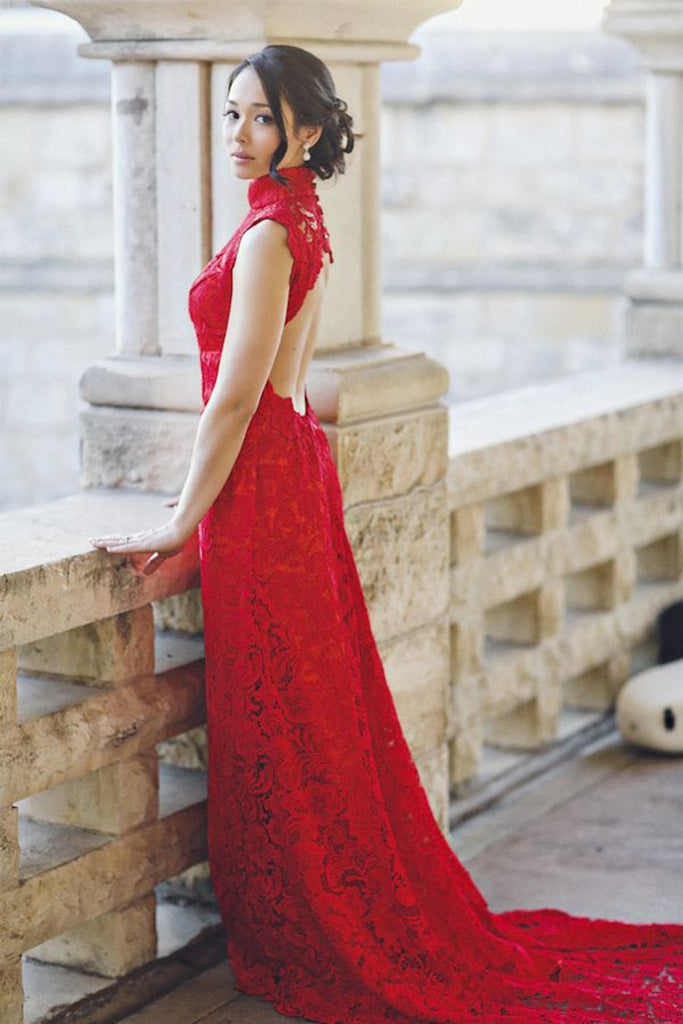 elegant high neck sheath red lace prom dress open back formal evening dress