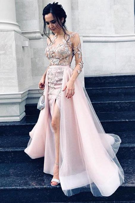 overskirt tulle prom dress jewel long sleeves with appliques split sheath evening dresses mp941