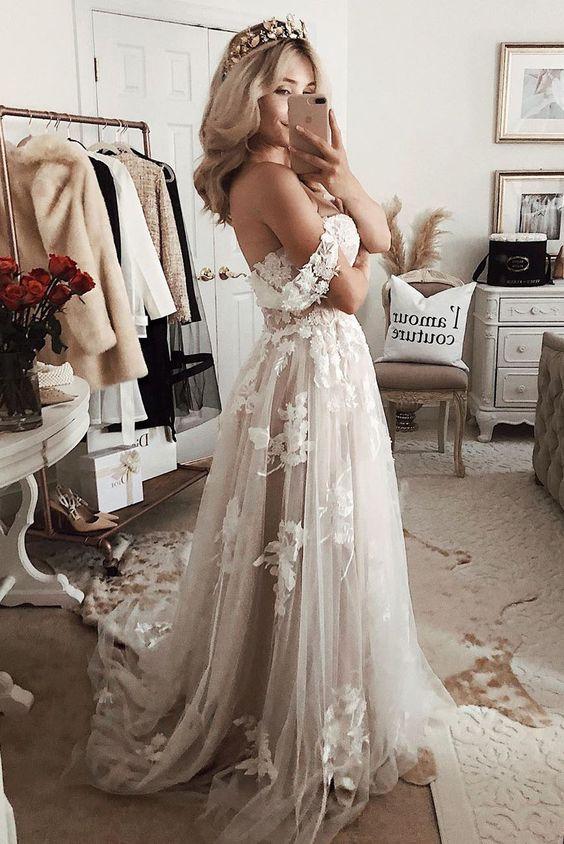 elegant off shoulder long boho wedding dress with lace appliques
