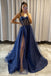 shiny spaghetti strap navy blue tulle prom dress a line slit long formal gown