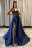 Shiny Spaghetti Strap Navy Blue Tulle Prom Dress, A-line Slit Long Formal Gown GP391