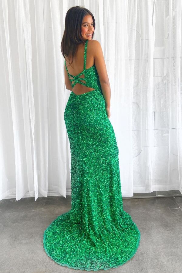 Glitter Mermaid Sparkly Prom Dresses, Sequined Long Formal Gown With Split GP237