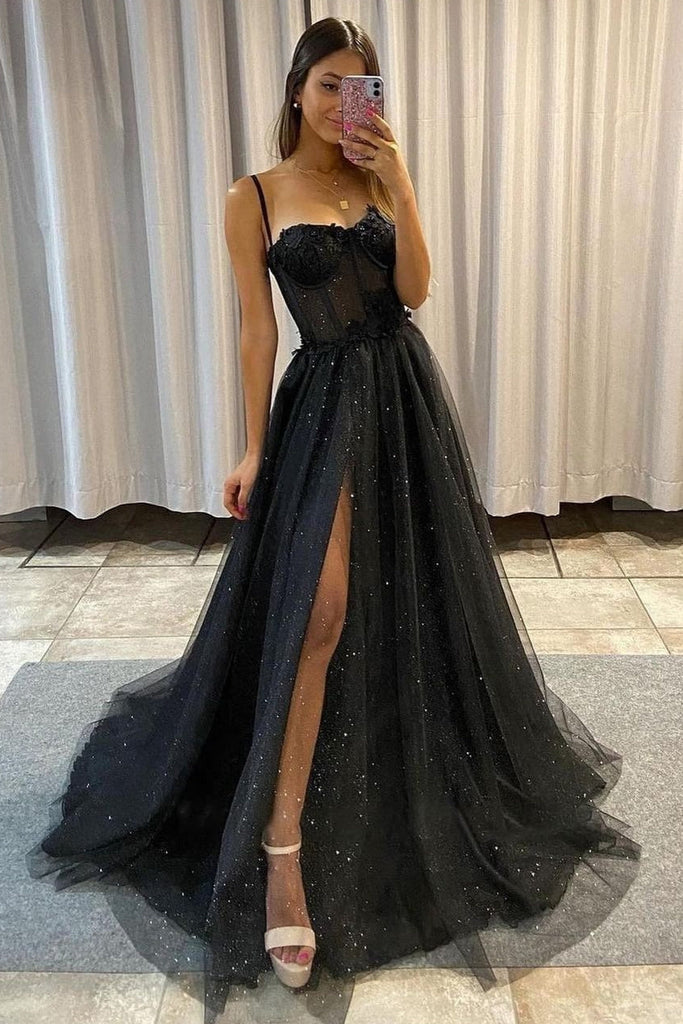 high split sparkly sweetheart long prom dresses shiny lace applique formal dresses