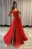 High Split Sparkly Sweetheart Long Prom Dresses, Shiny Lace Applique Formal Dresses GP390