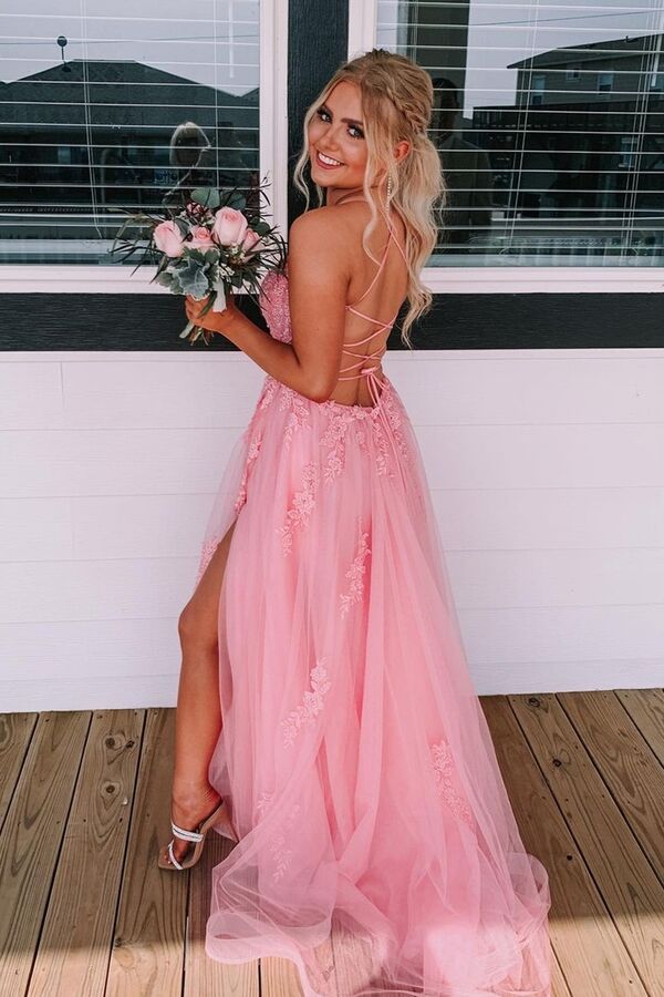 backless pink a line long prom dress tulle applique formal gown with split