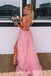 backless pink a line long prom dress tulle applique formal gown with split