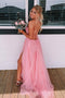 Backless Pink A-line Long Prom Dress, Tulle Applique Formal Gown With Split GP211