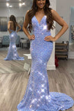 Shiny Blue Sequins Mermaid Backless Prom Dress, Sequined Evening Gown GP284