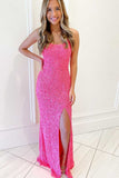 Hot Pink Sequins Mermaid Long Prom Dresses, Slit Long Evening Gowns GP323