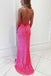 hot pink sequins mermaid long prom dresses slit long evening gowns