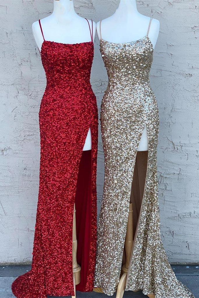 spaghetti straps sequins mermaid long prom dresses slit evening gown