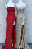 Spaghetti Straps Sequins Mermaid Long Prom Dresses, Slit Evening Gown GP285