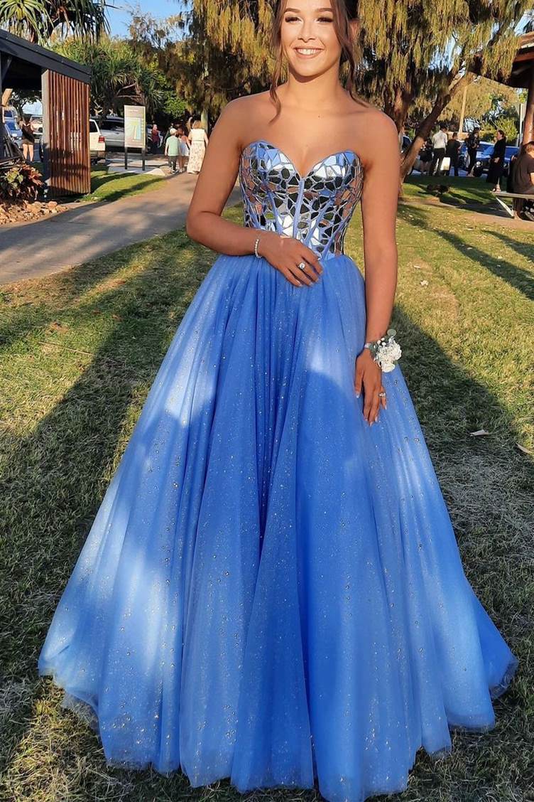 Sparkly Sweetheart Blue A-line Long Prom Dress, Princess Tulle Graduation Gown GP281