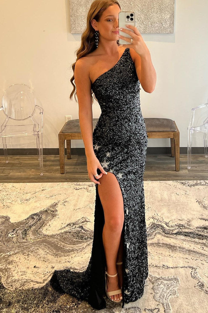 one shoulder sparkly mermaid sequins formal dresses with stars