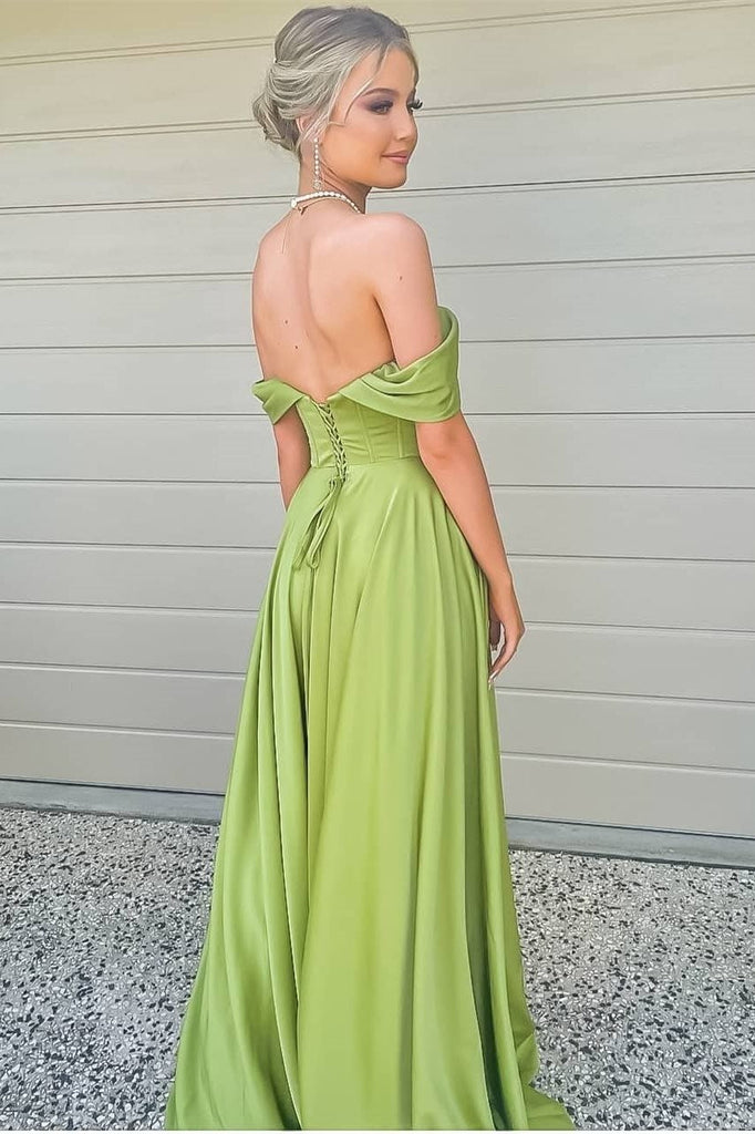 green off the shoulder high slit strapless prom dress elegant formal gown