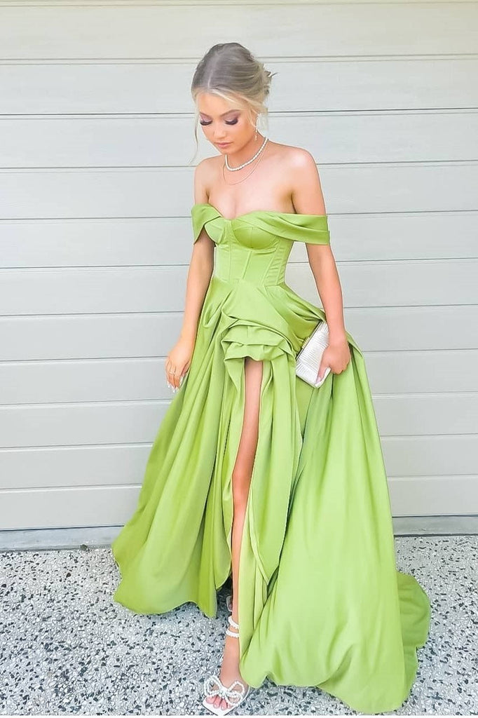 green off the shoulder high slit strapless prom dress elegant formal gown