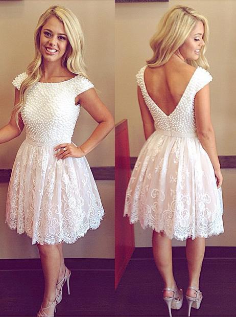 luxurious scoop pearl bodice open back short prom dresses