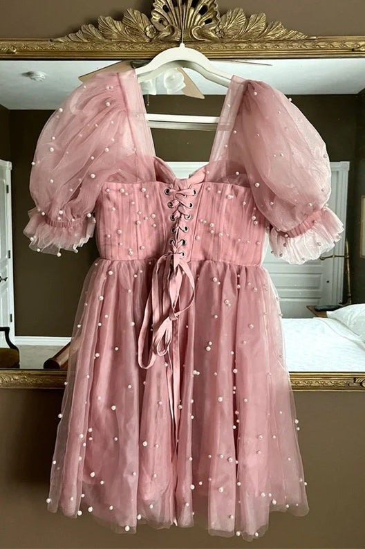 Blush Pink Pearls Corset Short Homecoming Dress, Princess Party Dress GM672
