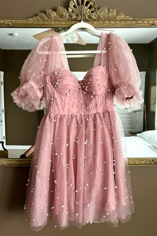blush pink pearls corset short homecoming dress princess party dress