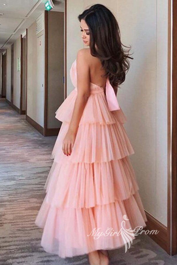 pink ruffle prom dresses high neck tie backless tea length evening gown