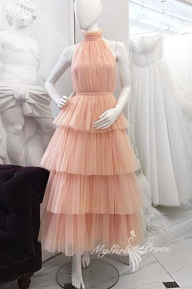 pink ruffle prom dresses high neck tie backless tea length evening gown