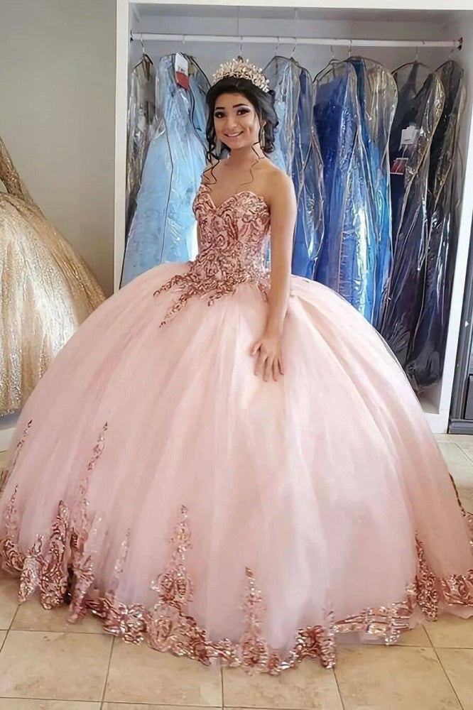 pink sweetheart ball gown prom dress with appliques princess pink quinceanera dresses