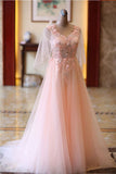 pink tulle floral applique prom dresses puff sleeves long formal dress