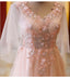 pink tulle floral applique prom dresses puff sleeves long formal dress