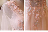 pink tulle floral applique prom dresses puff sleeves long formal dress