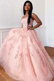 pink tulle long prom dress spaghetti straps sleeveless graduation gown