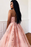 pink tulle long prom dress spaghetti straps sleeveless graduation gown