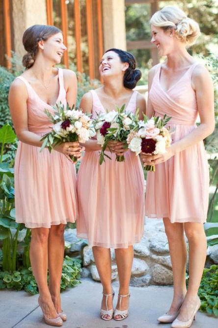 pink chiffon pleated bridesmaid dresses a line v neck knee length