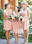 Pink Chiffon Pleated Bridesmaid Dresses A-Line V-Neck Knee-Length PB140