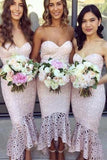 pink high low mermaid lace bridesmaid dresses asymmetric party dresses pb156
