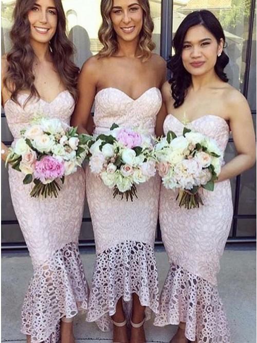 pink high low mermaid lace bridesmaid dresses asymmetric party dresses