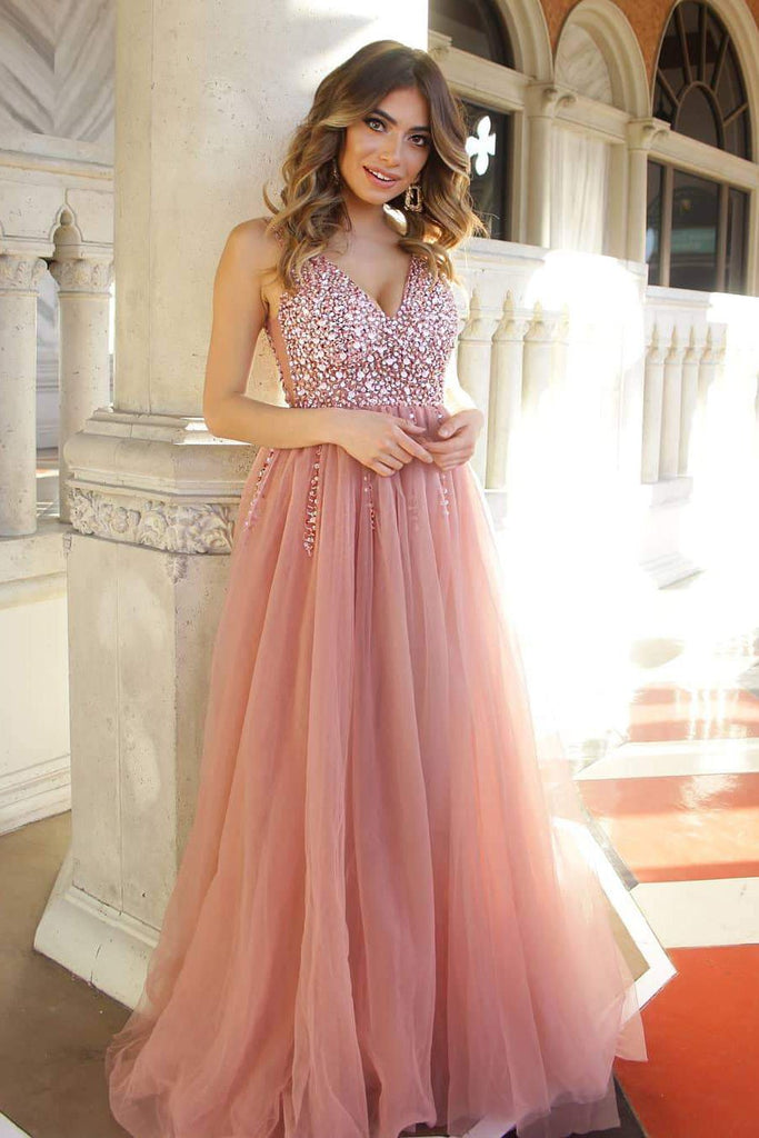 dusty pink long prom dresses elegant beaded bodice evening gown