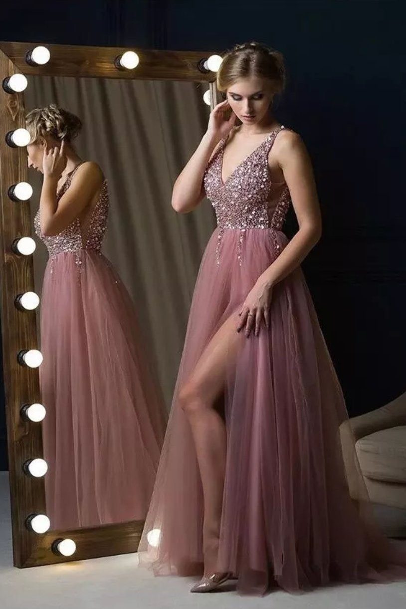 dusty pink long prom dresses elegant beaded bodice evening gown mp824